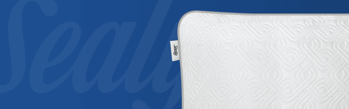 A corner view of a Sealy adjustable pillow with blue Sealy background