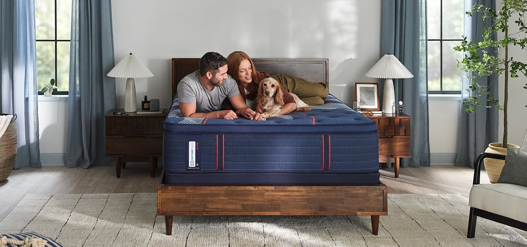 Couple with dog laying on a Posturepedic Elite Spring pillow top mattress